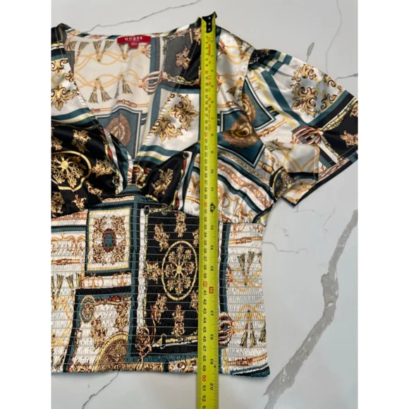 Guess Babydoll Faux Wrap Satin Crop Top M Gold Smocked Mob Wife Y2K Going Out - Picture 14 of 14